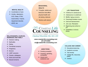 Six areas of services offered at Coastal Life Counseling.
